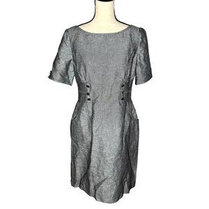 Tahari ASL Gray Short Sleeve Linen Blend Sheath Dress w/ Pockets Size 8 Petite